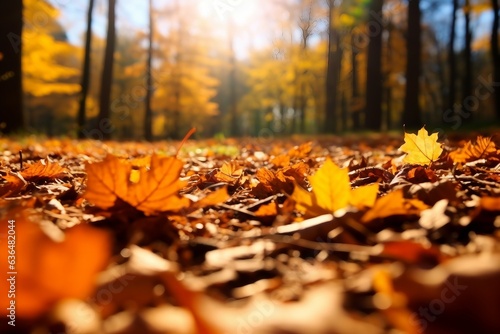 fallen leaves in autumn forest at sunny weather. generative ai.