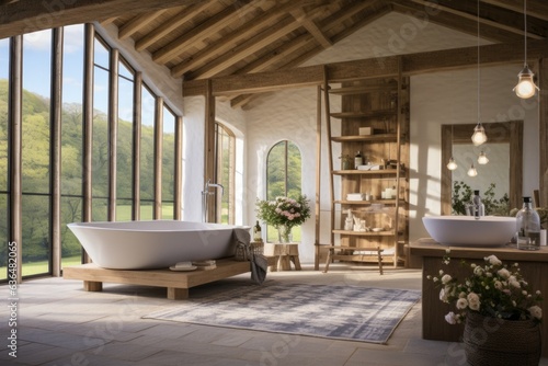 A contemporary farmhouse-inspired room with a wooden farmhouse table, wooden ceiling beams, and a sliding barn door leading to a modern ensuite bathroom. Generative AI