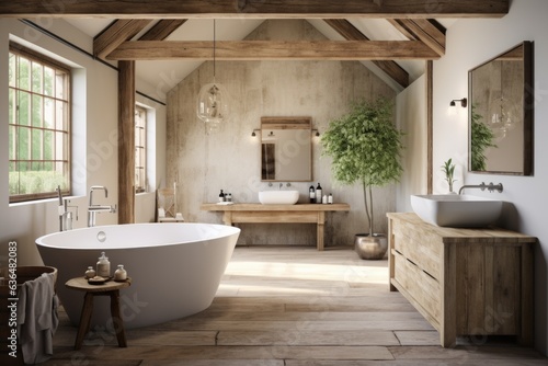A contemporary farmhouse-inspired room with a wooden farmhouse table  wooden ceiling beams  and a sliding barn door leading to a modern ensuite bathroom. Generative AI