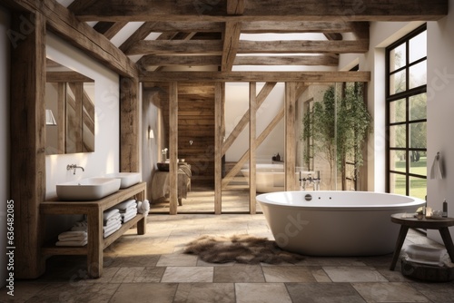 A contemporary farmhouse-inspired room with a wooden farmhouse table, wooden ceiling beams, and a sliding barn door leading to a modern ensuite bathroom. Generative AI