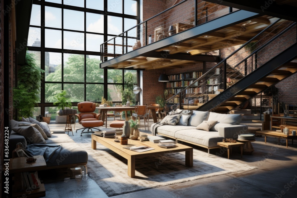 Urban Loft: An open loft-style room with wooden ceiling beams, a wooden mezzanine level with a cozy seating area, and wooden stairs with metal railings. Generative AI