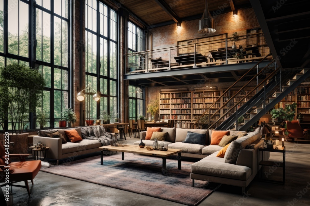 Naklejka premium Urban Loft: An open loft-style room with wooden ceiling beams, a wooden mezzanine level with a cozy seating area, and wooden stairs with metal railings. Generative AI
