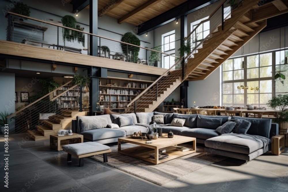 Naklejka premium Urban Loft: An open loft-style room with wooden ceiling beams, a wooden mezzanine level with a cozy seating area, and wooden stairs with metal railings. Generative AI