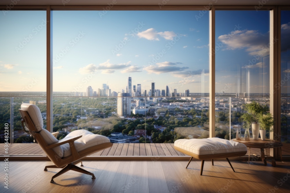 Fototapeta premium Cityscape View: A contemporary room with floor-to-ceiling windows offering a stunning city view, with a wooden window seat for contemplation. Generative AI