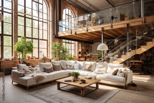 Urban Loft  An open loft-style room with wooden ceiling beams  a wooden mezzanine level with a cozy seating area  and wooden stairs with metal railings. Generative AI