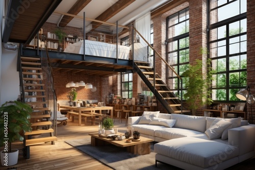 Urban Loft: An open loft-style room with wooden ceiling beams, a wooden mezzanine level with a cozy seating area, and wooden stairs with metal railings. Generative AI