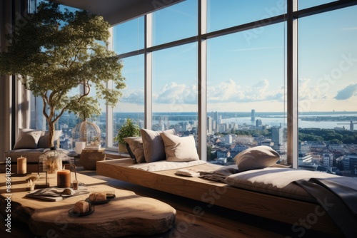 Cityscape View: A contemporary room with floor-to-ceiling windows offering a stunning city view, with a wooden window seat for contemplation. Generative AI © Ivy