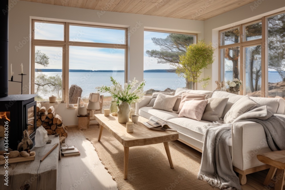 Coastal Cottage Comfort: A cozy coastal cottage living room with a wooden-framed sofa, nautical decor, and a wooden coffee table adorned with seashells. Generative AI