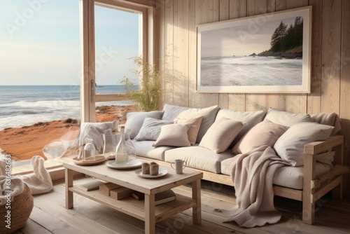 Coastal Cottage Comfort: A cozy coastal cottage living room with a wooden-framed sofa, nautical decor, and a wooden coffee table adorned with seashells. Generative AI © Ivy