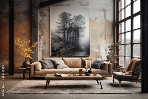 Industrial Cozy: A living room that combines industrial and cozy elements, with a wooden-framed sofa, metal accents, and warm textured throws. Generative AI © Ivy
