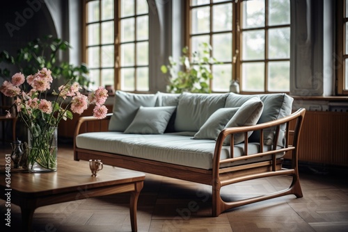 Classic Elegance: A classically designed living room with a wooden-framed sofa featuring intricate carvings, paired with a matching wooden coffee table. Generative AI © Ivy