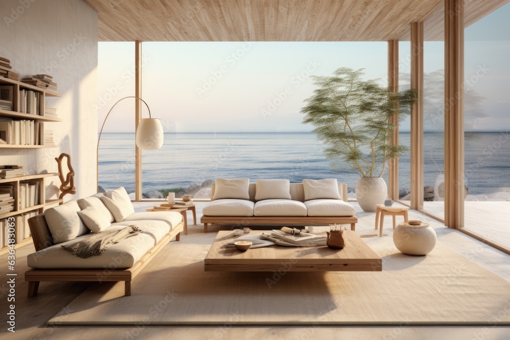 Obraz premium Coastal Relaxation: A coastal-inspired living room with a wooden-framed sofa draped in white linen, wooden beach decor, and a wooden coffee table. Generative AI