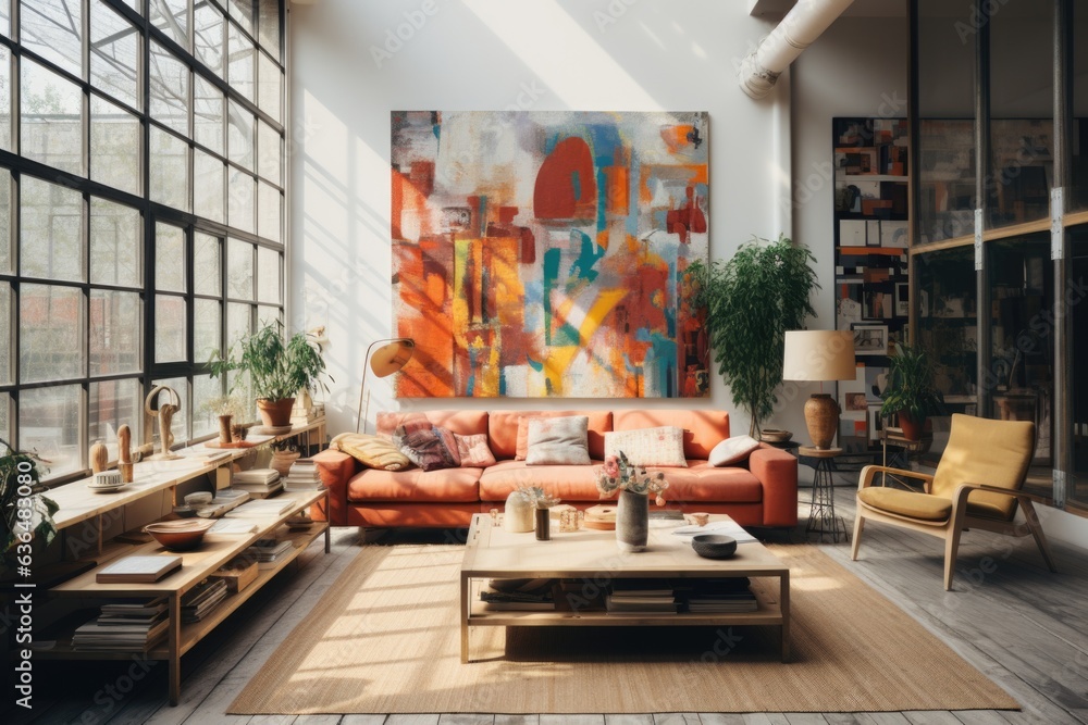 View of Urban Art Loft: A loft-style living room with a wooden-framed sofa ...