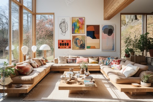 Eclectic Gathering Space: An eclectic living room with a mix of wooden-framed sofas, mismatched cushions, and an array of wooden side tables. Generative AI