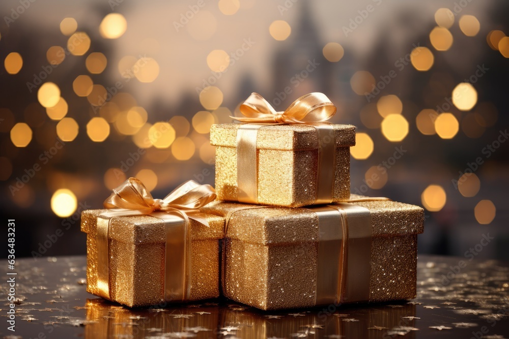 luxurious christmas gift stack set against a background of snowflakes and twinkling lights, capturing the magic of the holiday season luxurious christmas gift stack set against a background of snowflakes and twinkling lights, capturing the magic of the holiday season