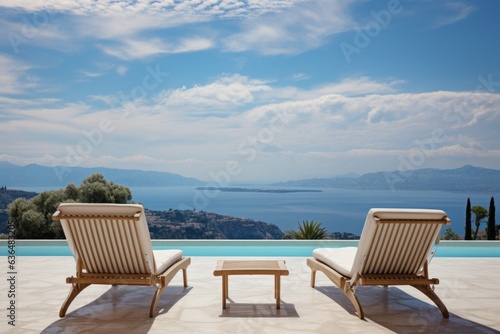 Mediterranean Bliss  Two inviting deck chairs placed on a serene terrace overlooking a sparkling pool and offering a breathtaking panoramic view of the azure sea. Generative AI