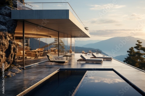 Minimalist mountain villa, sleek design, terrace, and pool with panorama. a smoggy daylight, light-colored photograph. Generative AI