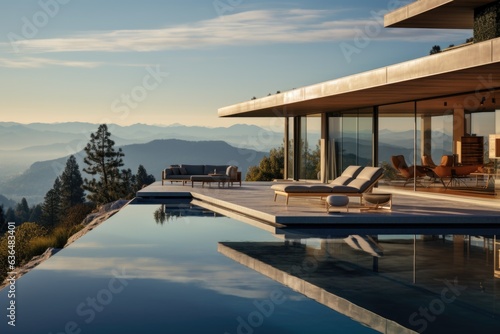 Minimalist mountain villa, sleek design, terrace, and pool with panorama. a smoggy daylight, light-colored photograph. Generative AI © Ivy