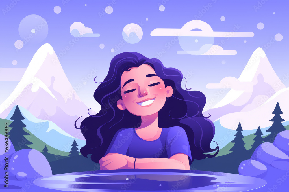 Tranquil scene captures a girl immersed in the serenity of a lake, with majestic mountains providing a breathtaking backdrop. Ideal for nature, tranquility, and outdoor exploration-themed visuals.