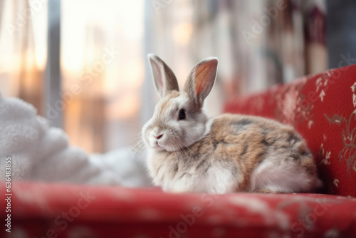 The domestic decorative rabbit of white gray color lies on the sofa bed in warmth and comfort.