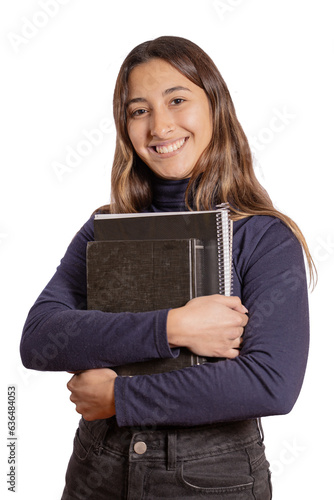 Smiling latin girl with books isolated on white background.