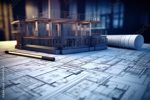 Concept of construction and design. 3d render of blueprints | Generative AI