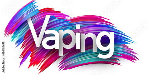 Vaping paper word sign with colorful spectrum paint brush strokes over white. Vector illustration.