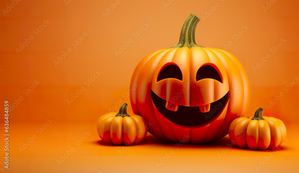 Against a vibrant orange backdrop, a mischievous pumpkin with an unmistakably wicked grin exudes a sense of playful malevolence. Halloween banner for invitation with space for text. Against a vibrant orange backdrop, a mischievous pumpkin with an unmistakably wicked grin exudes a sense of playful malevolence. Halloween banner for invitation with space for text.