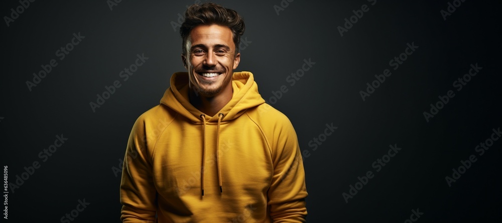 Concept of a man wearing a yellow pullover on a dark black background, smiling, space for text and logo