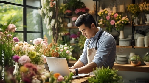 Photo of a man working on a laptop surrounded by colorful flowers in a vibrant flower shop