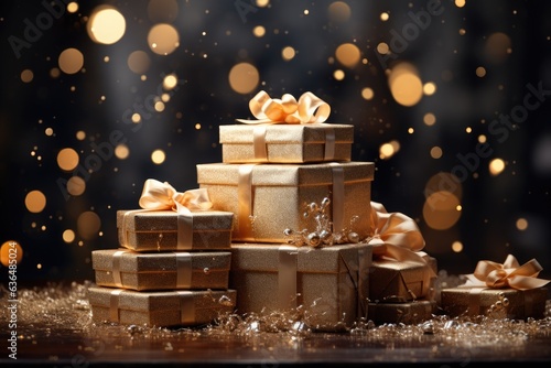 luxurious christmas gift stack set against a background of snowflakes and twinkling lights, capturing the magic of the holiday season  © PinkiePie