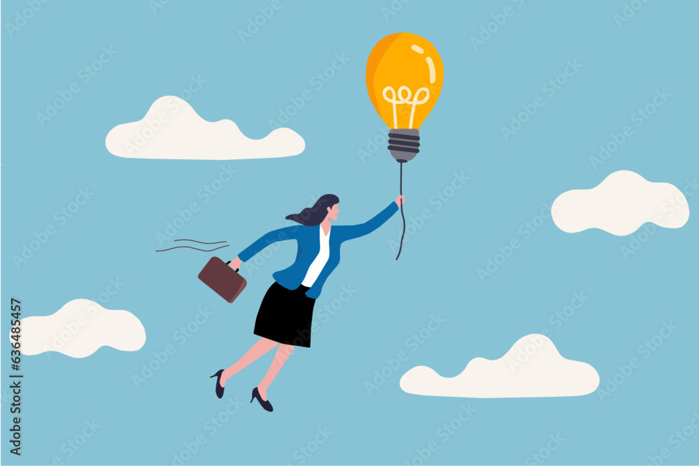 custom made wallpaper toronto digitalInvention or innovation to drive business growth or work achievement concept, Big idea to solve business problem, smart businesswoman manager holding light bulb floating balloon flying high in the sky