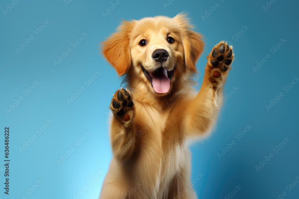 Heartwarming moment captures a happy puppy waving its paw in a cheerful greeting against a vibrant blue background. Ideal for pet joy, greetings, and positive interactions-themed visuals. Heartwarming moment captures a happy puppy waving its paw in a cheerful greeting against a vibrant blue background. Ideal for pet joy, greetings, and positive interactions-themed visuals.