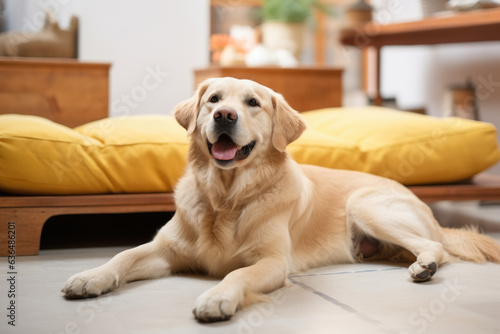 Heartwarming scene captures a golden retriever in a state of serene relaxation, comfortably resting on a sofa. Ideal for pet companionship, comfort, and relaxation-themed visuals.