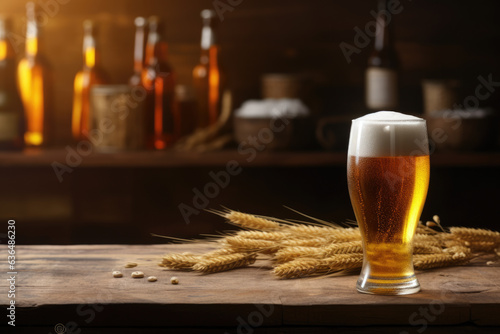 Scene captures the essence of crafted refreshment, featuring a beer glass placed on a rustic wooden table with bottles in the background. Beer culture, relaxation, and socializing-themed visuals.