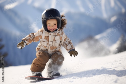 Cute child snowboarding down the slope