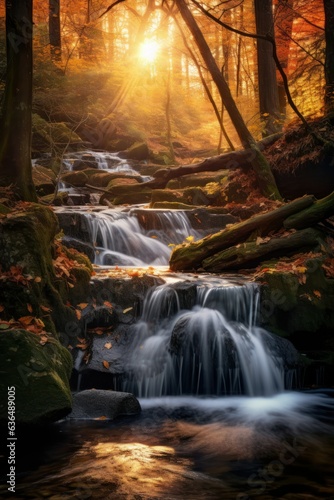 Beautiful panorama landscape illustration of a waterfall in the woods in autumn. A river in a serene forest. Generative AI.