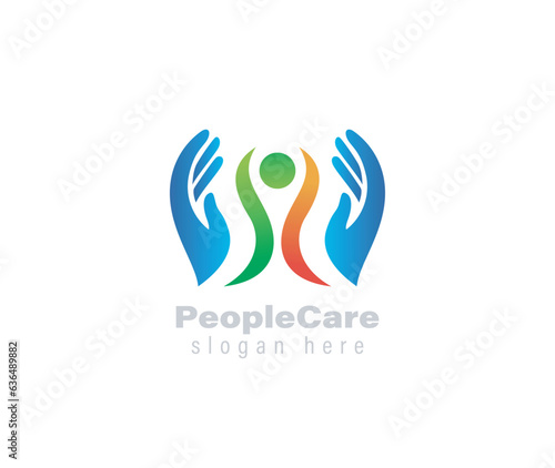 People Care Logo. Human Icon with Circular Two Hands Symbol. Flat Vector Logo Design Template Element.