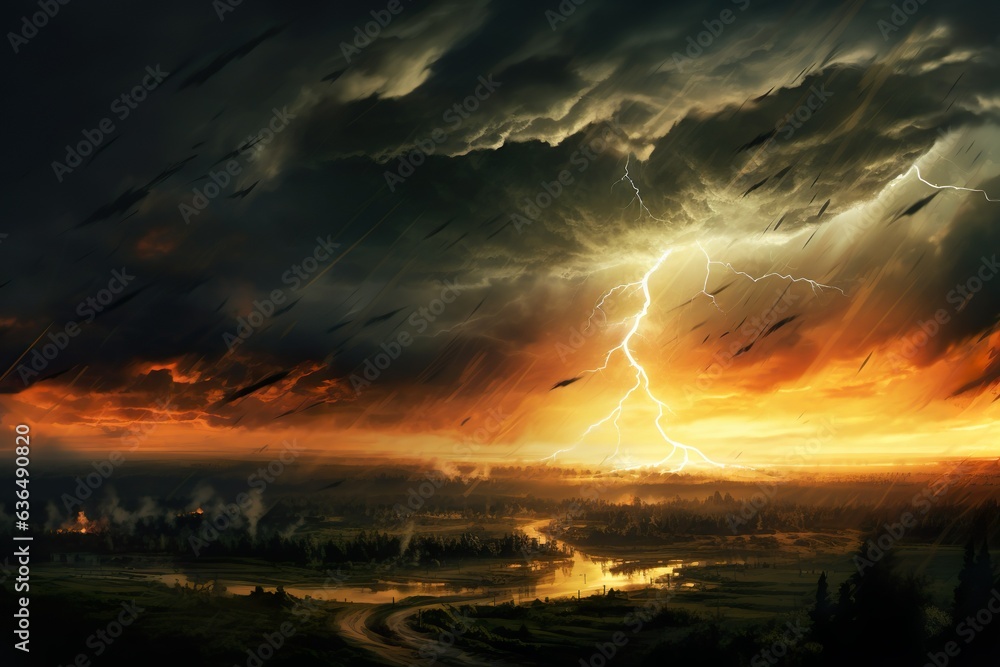 A dramatic storm at sunset producing a powerful tornado twisting through the countryside with sheet lightning. Landscape mixed media illustration | Generative AI