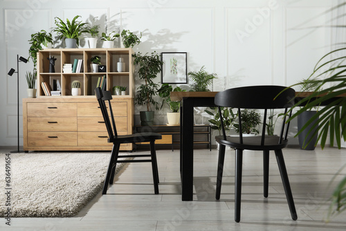 Table with chairs and wooden shelving unit, books and many potted houseplants in stylish room © New Africa