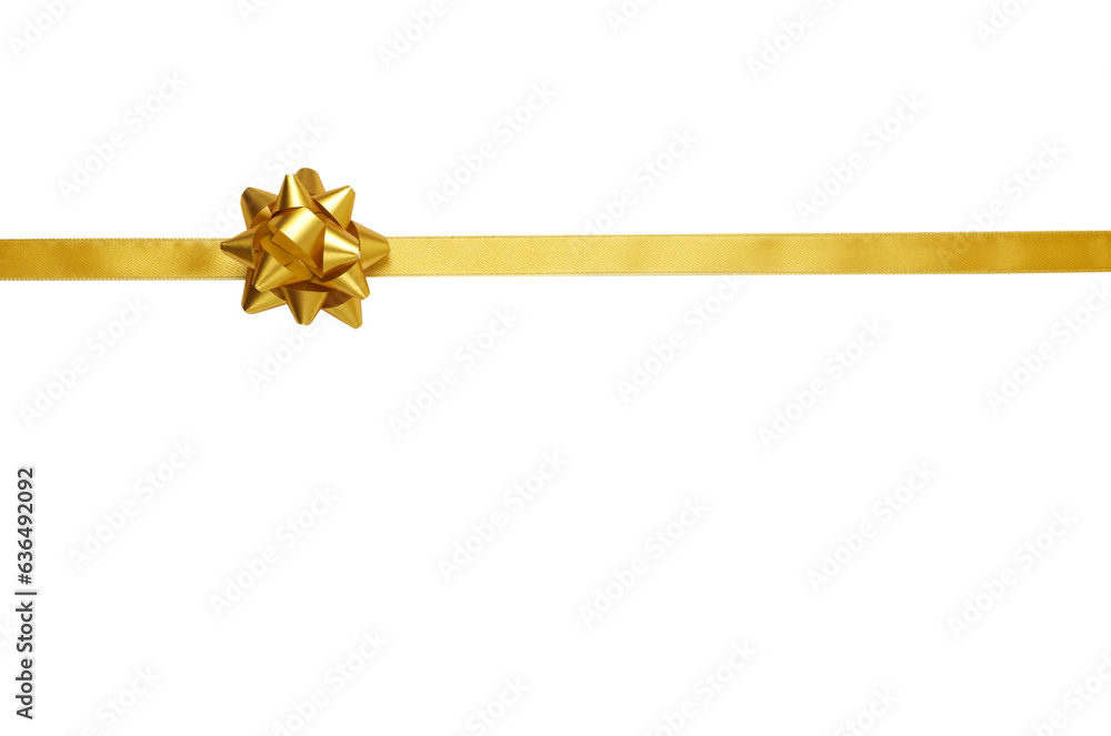 Golden ribbon with bow on white background, top view Golden ribbon with bow on white background, top view