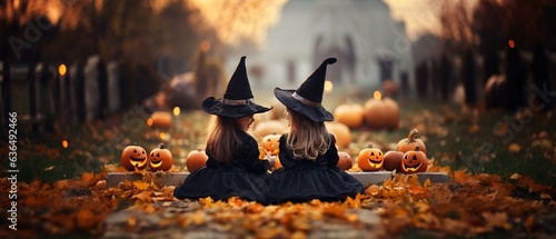 Happy Halloween Festival! Attractive twin girl wearing a wizard hat. Cheerful moment with the Jack O' Lanterns pumpkin!
