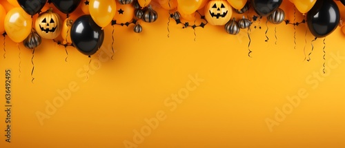 Halloween background banner, including pumpkins, balloons on the backgrond. Studio lighting concept. 21:9 ratio for media ad.