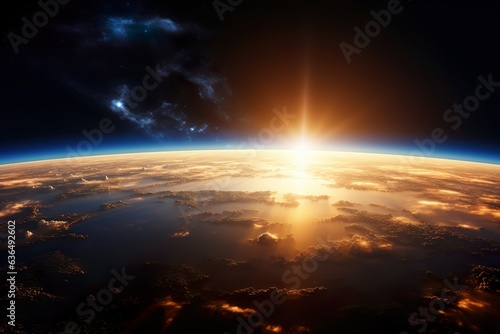 Panoramic view of the Earth, sun, star and galaxy. Sunrise over planet Earth, view from space. Elements of this image furnished by NASA | Generative AI