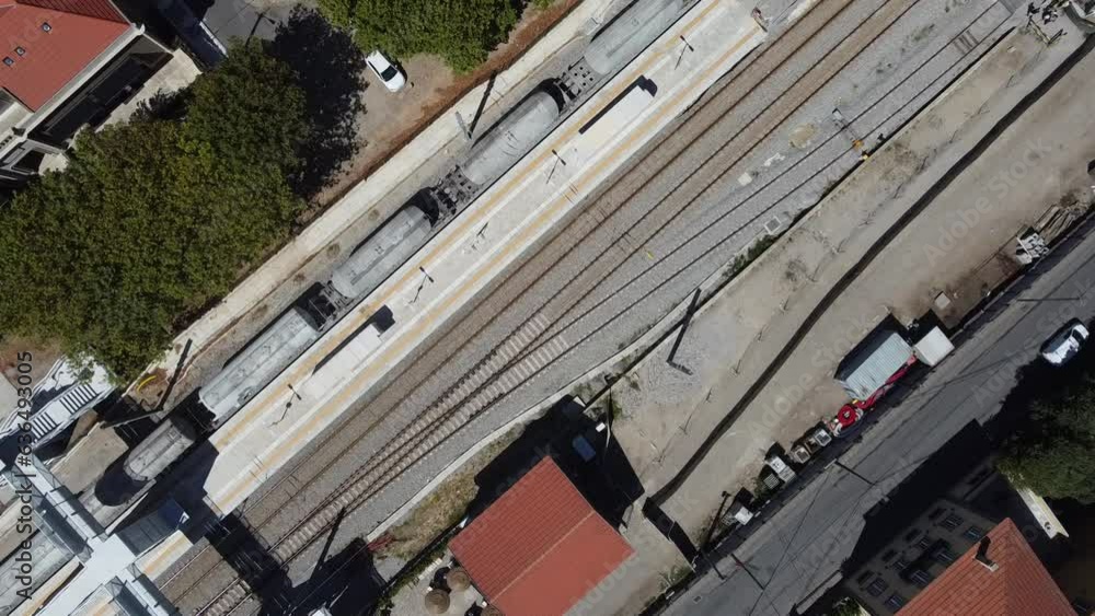 Aerial view of the train line in Granja, Vila Nova de Gaia. Portugal 2023. Aerial view of the train line in Granja, Vila Nova de Gaia. Portugal 2023.