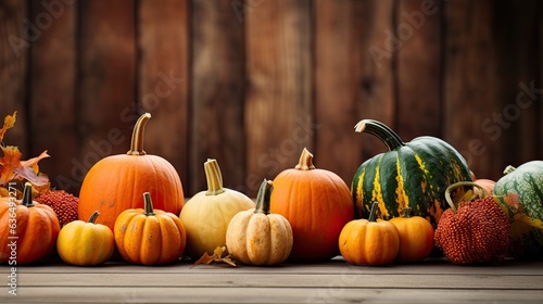 A row of pumpkins and gourds on a rustic wooden table