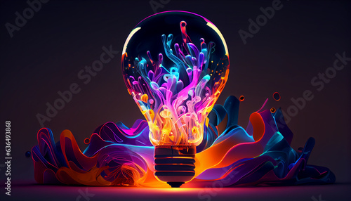 Light bulb with neon lights, abstract glowing background, digital illustration, Ai generated image