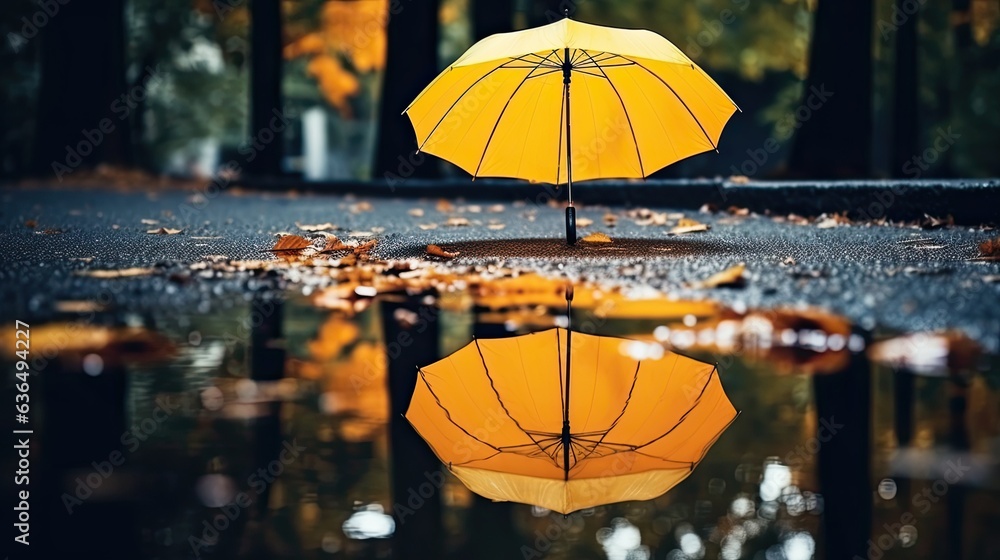 Reflection umbrella in puddle wet asphalt natural background - obrazy, fototapety, plakaty 