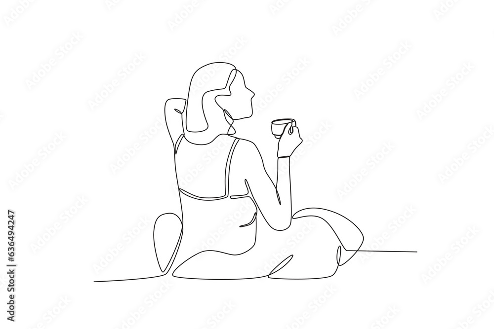Back view of a woman enjoying her coffee. Morning activities one-line drawing Back view of a woman enjoying her coffee. Morning activities one-line drawing