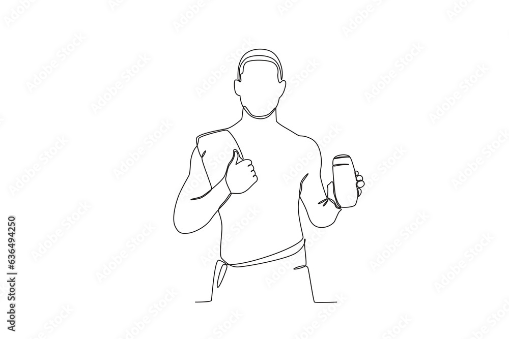 A man finishes a morning workout. Morning activities one-line drawing A man finishes a morning workout. Morning activities one-line drawing
